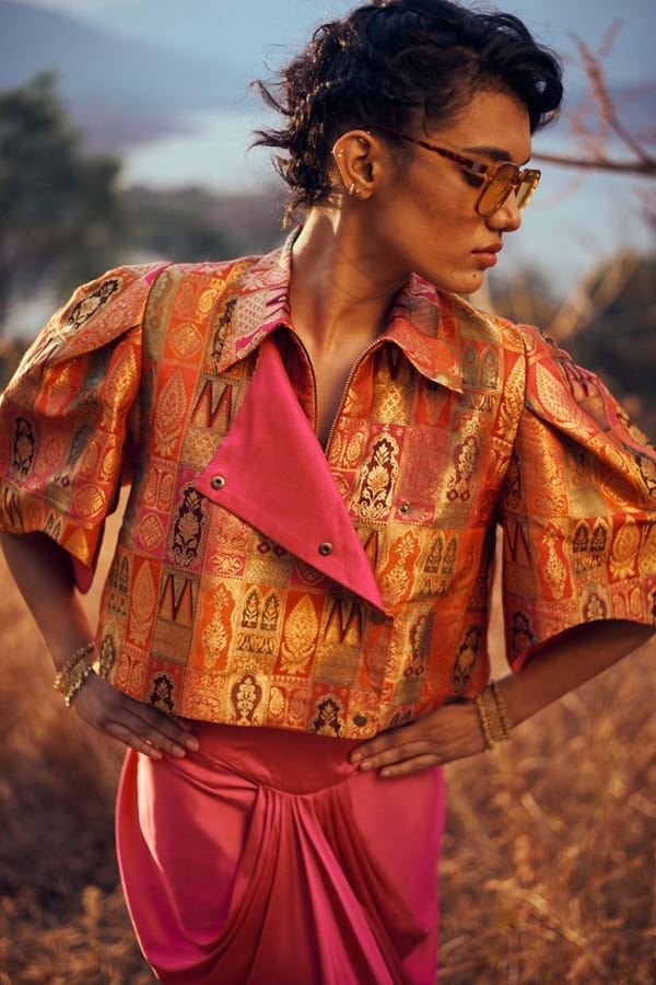 Cropped Pink Silk Zari Brocade Bolero Jacket — Unrush