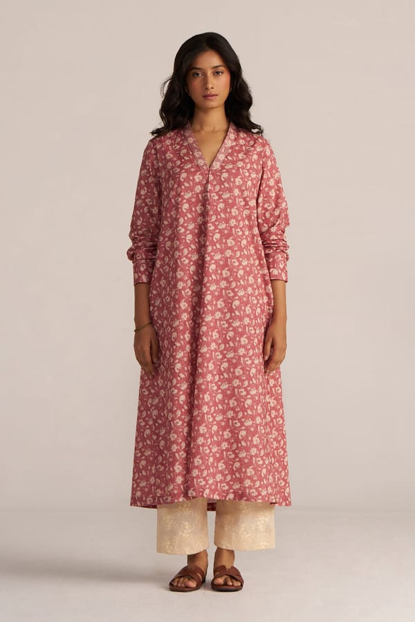 Dusty Rose Floral Cotton Kurta and Pant Co-ord Set — Ganga Fashions Pvt Ltd