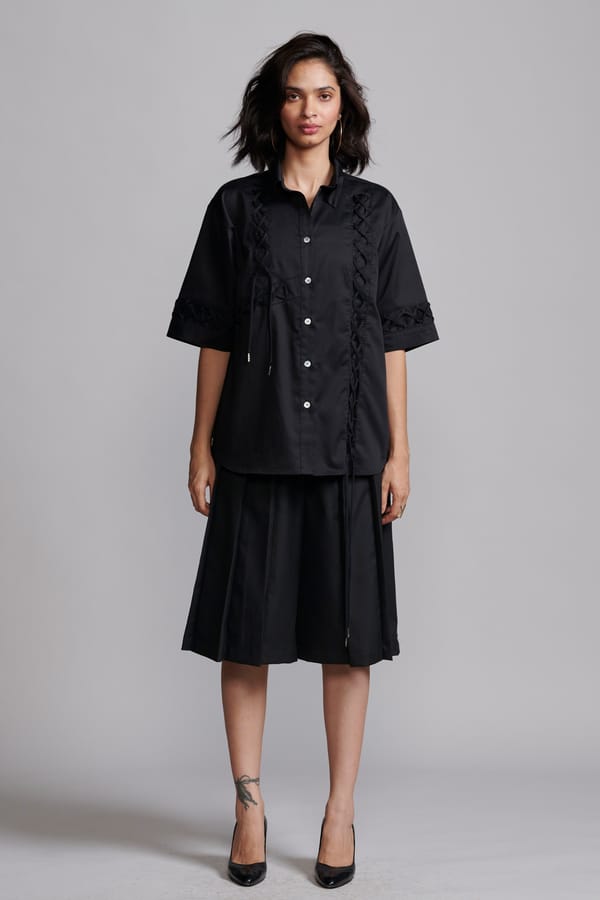 Black Longline Pleated Culotte Shorts — Dash and Dot