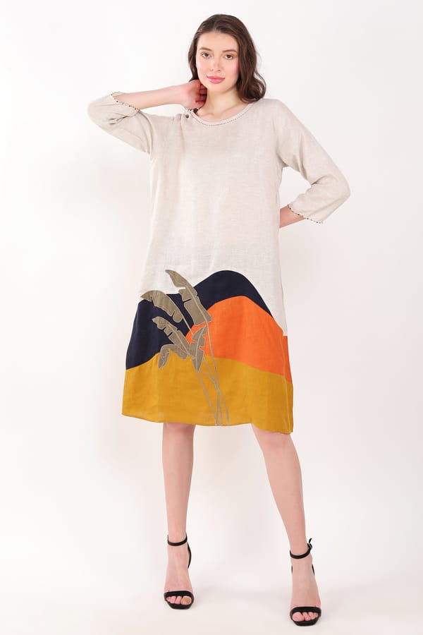 Beige Linen Shift Dress with Colourblock Hem Panel — Linen Bloom