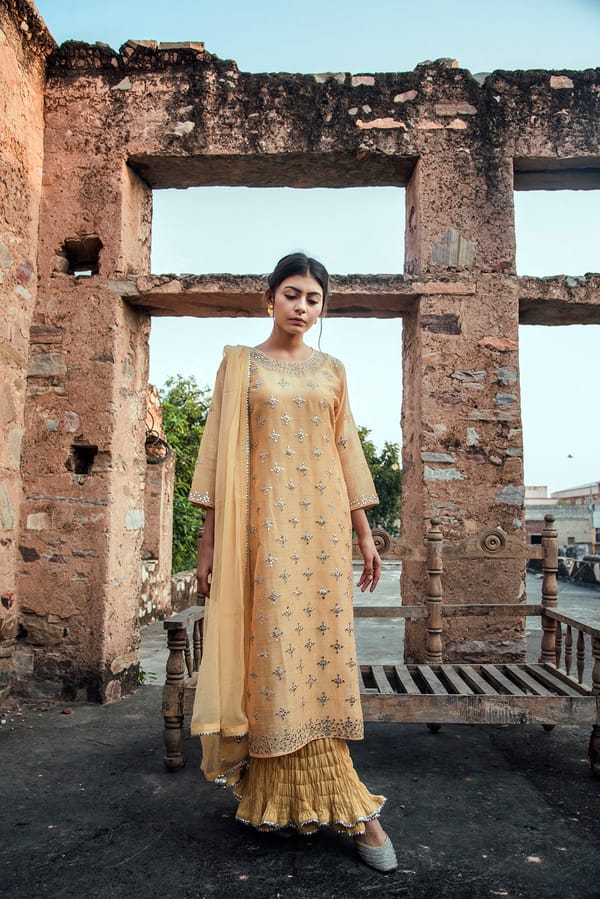 Juliet Rose Gota Work Yellow Chanderi Suit Set — Kameez