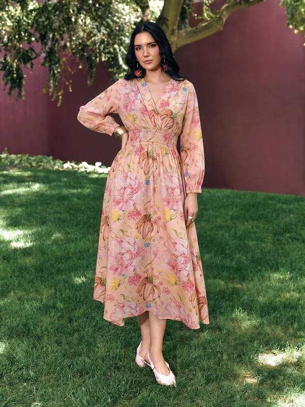 Peach Floral Cotton Cambric Smocked Waist Midi Dress — HOUSE OF FETT