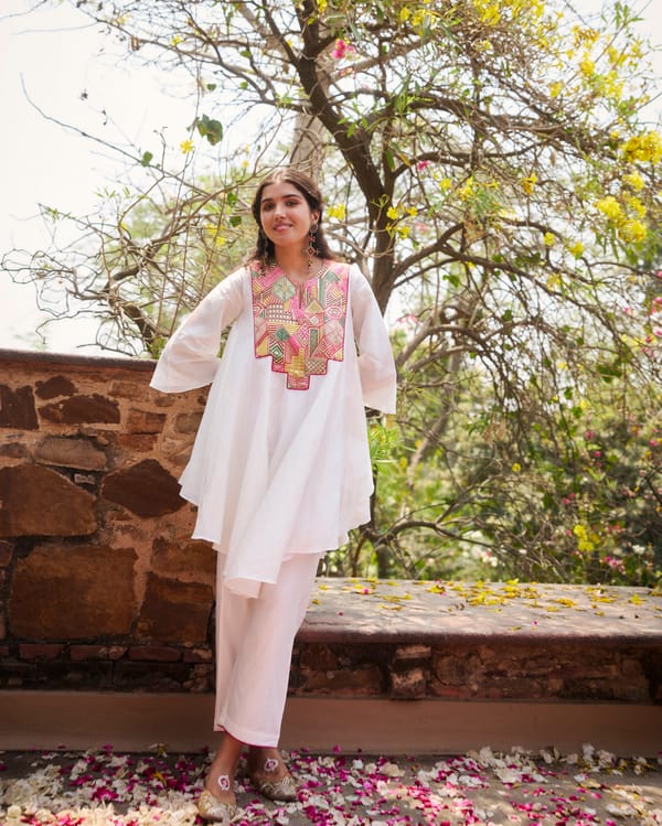 Off-White Chanderi Flared Kali Kurta Set with Pant — Gulabo by Abu Sandeep