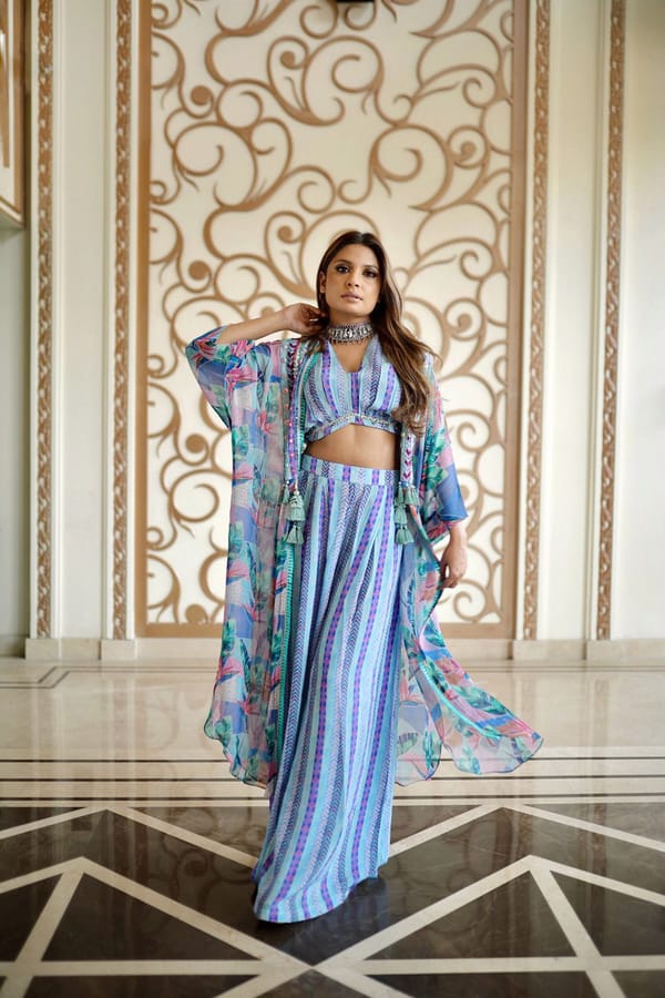 Blue Printed Cape Co-ord Set with Bustier and Wide-Leg Pants — BUMBLEBEE
