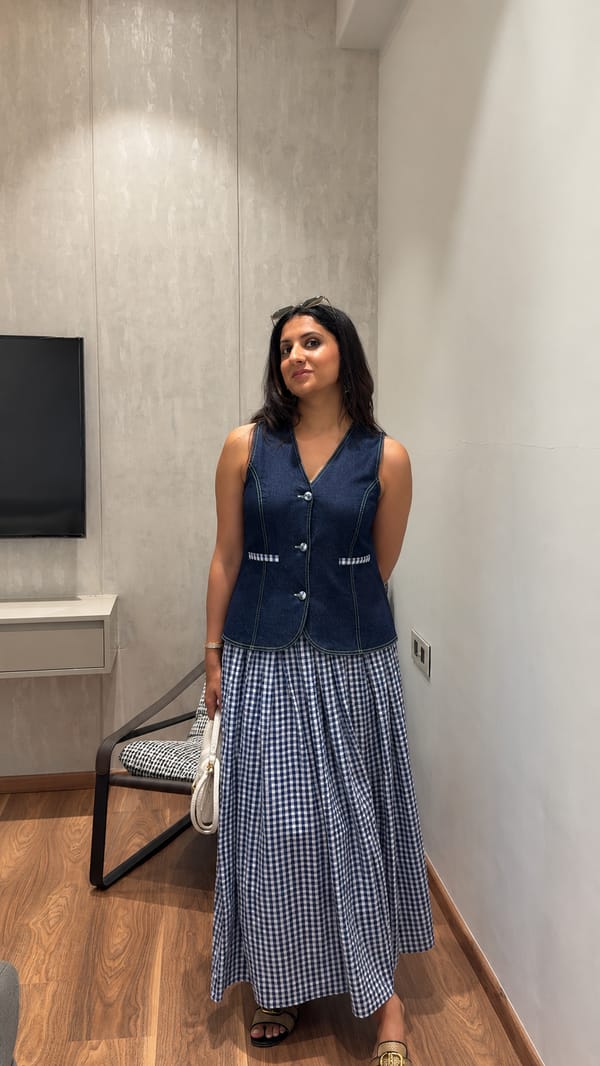 Denim Waistcoat and Blue White Gingham Maxi Skirt Co-ord — Armoire
