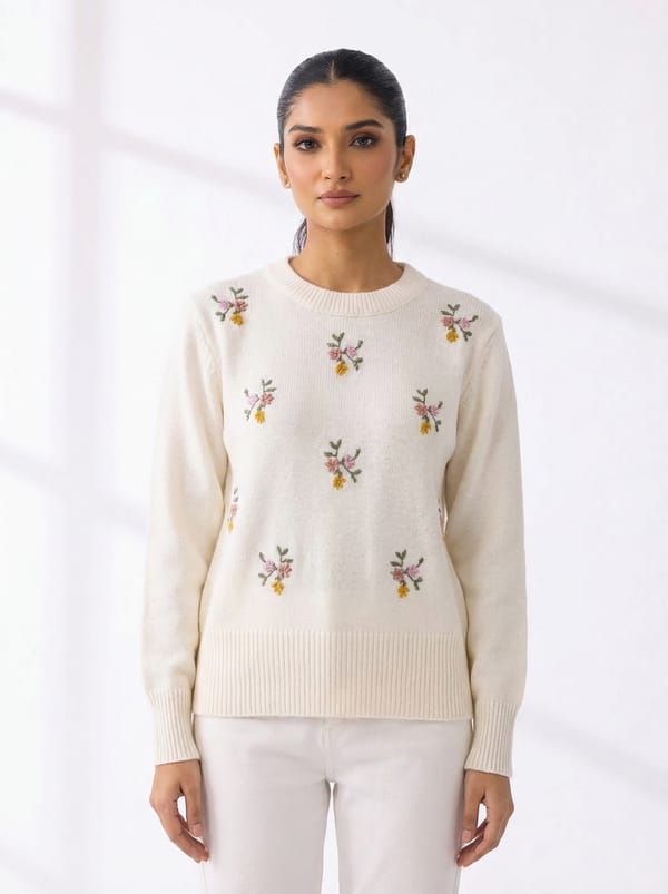White Floral Embroidered Crewneck Pullover Sweater — LUSTRIN