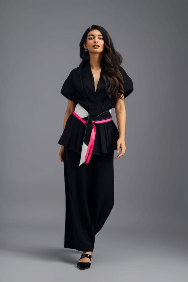 Mega Sleeve Top With Pleated Tuck Detail And Belt — Deepika Arora