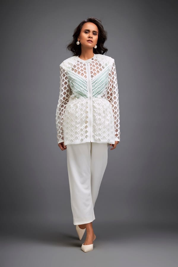 Semi-Sheer Geometric Cutout Jacket With Pants — Deepika Arora