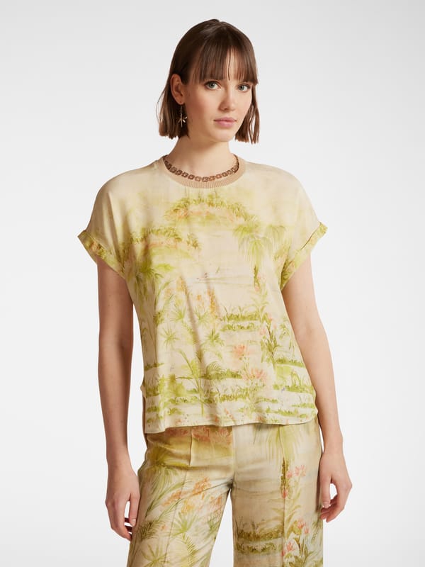Beige Scenic Abstract Print Relaxed-Fit Boxy Top — ELENA MIRO