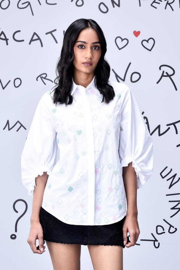 White Bead-Embroidered Shirt Top with 3/4 Puff Sleeves — Genes Lecoanet Hemant