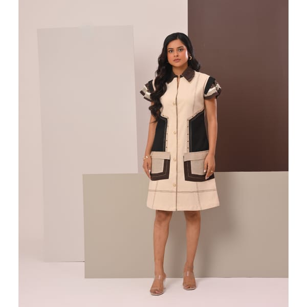Beige and Black Colorblock Utility Shirt Dress — Veera Wear