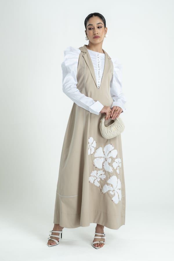 White and Oat A-Line Maxi Dress with Floral Applique — Our Love