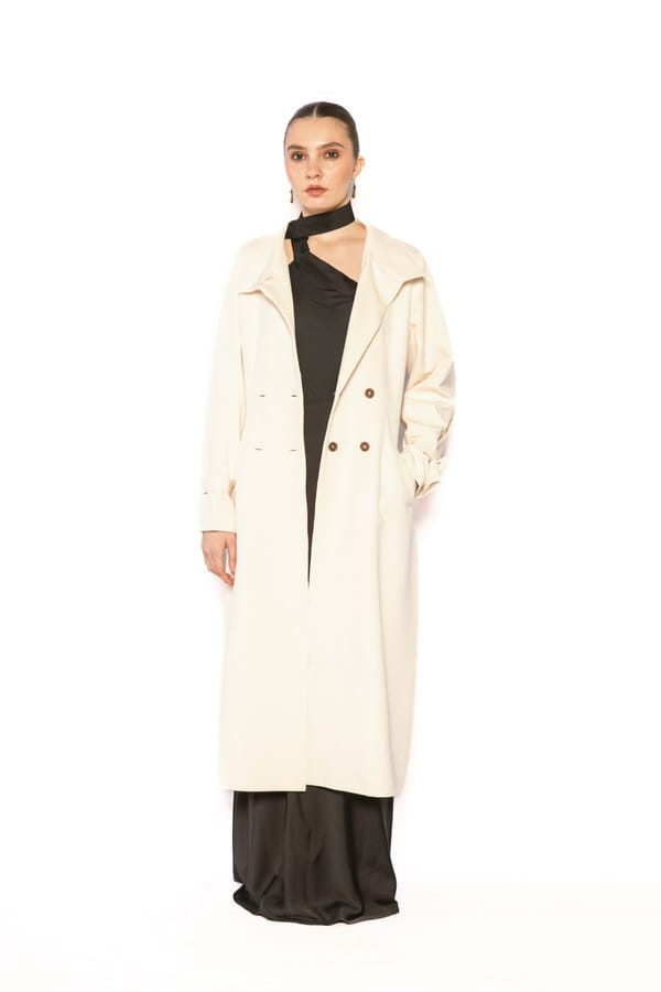 Cream Longline Double-Breasted Trench Coat with Belt — Contemponari