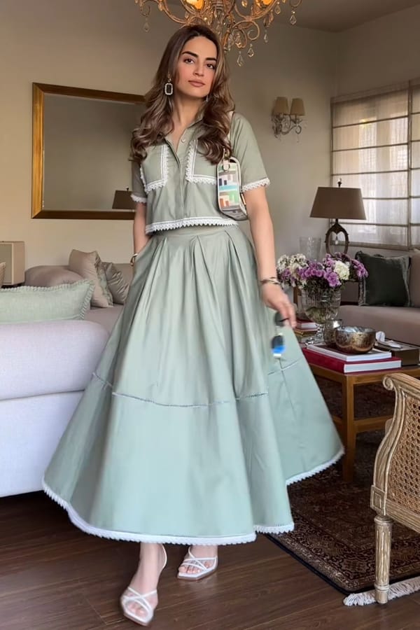 Green Cotton Crop Shirt and Midi Skirt Co-ord Set — 9899