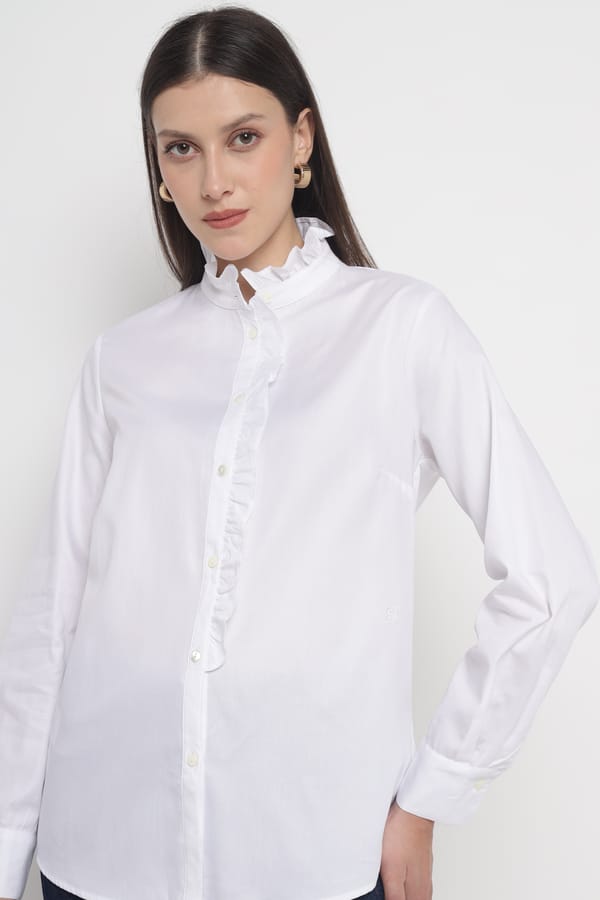 White Ruffle-Placket Cotton Shirt — ELENA MIRO