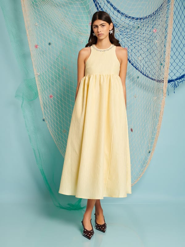 Yellow Embellished High Neck A-Line Midi Dress — SISTER JANE