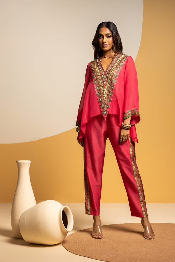Pink Embellished V-Neck Asymmetrical Kurta Set — SOUP by Sougat Paul