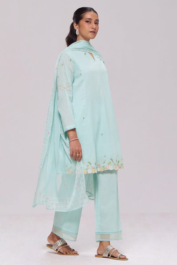 Ice-Blue Mul-Chanderi Kurta Set — Ganga Fashions Pvt Ltd