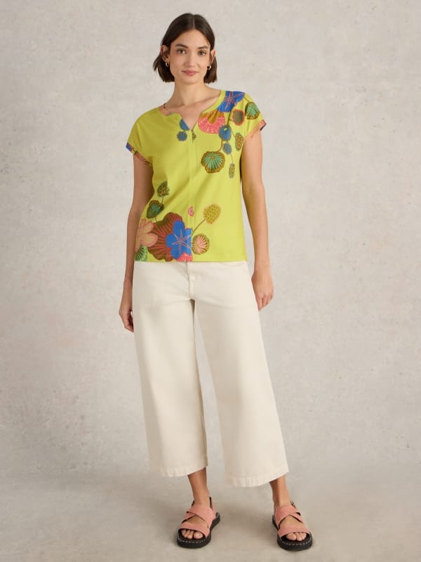 Yellow Print Notch Neck Cotton Jersey T-Shirt — White Stuff