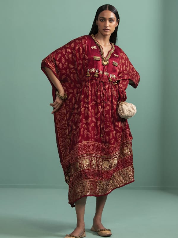 Maroon Modal Satin Printed Kaftan with Embellished Yoke — 5 Elements