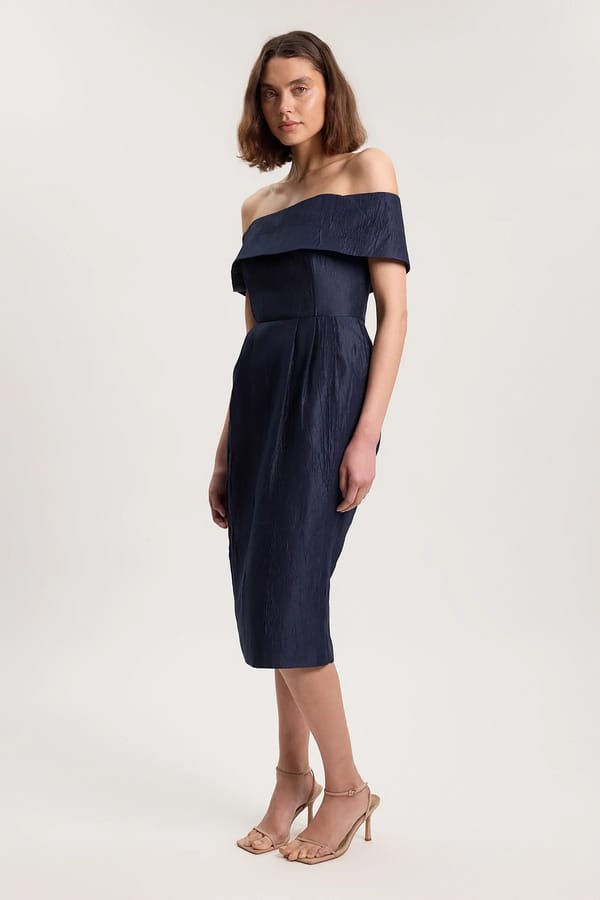 Navy Off-Shoulder Textured Twill Midi Dress — KAREN MILLEN