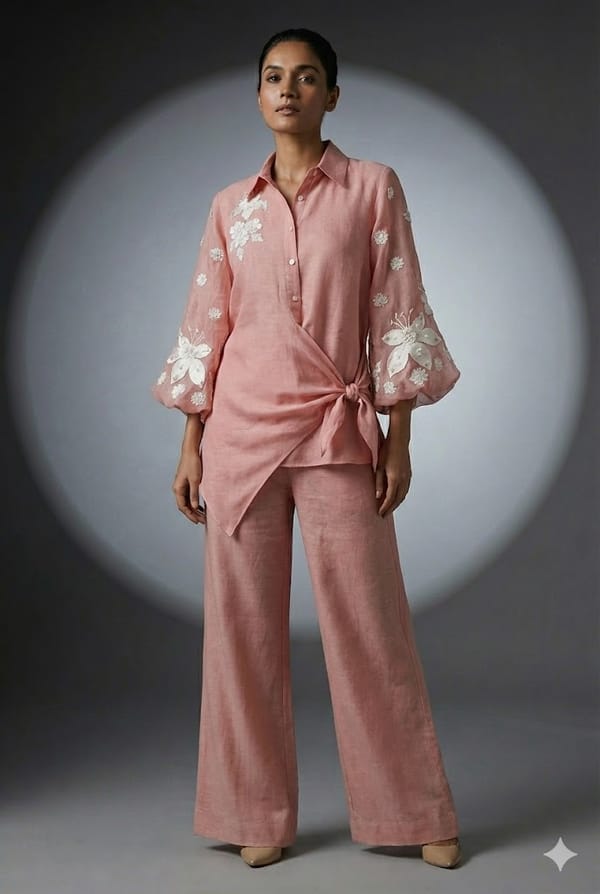 Blush Pink Linen Embroidered Shirt and Pant Co-ord Set — RUCHIKA MALLIKA LABEL