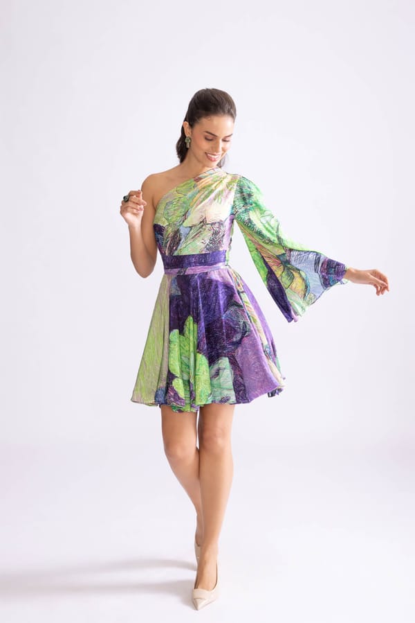 Green and Purple One-Shoulder Mini Fit and Flare Dress — Saaksha and Kinni