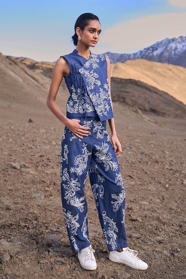 Indigo Denim Embroidered Barrel-Leg Trousers — Dash and Dot