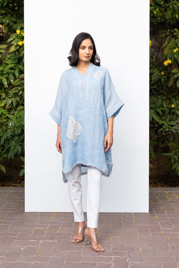 Powder Blue Linen Kaftan Kurta with Embroidery — Omi Clothing
