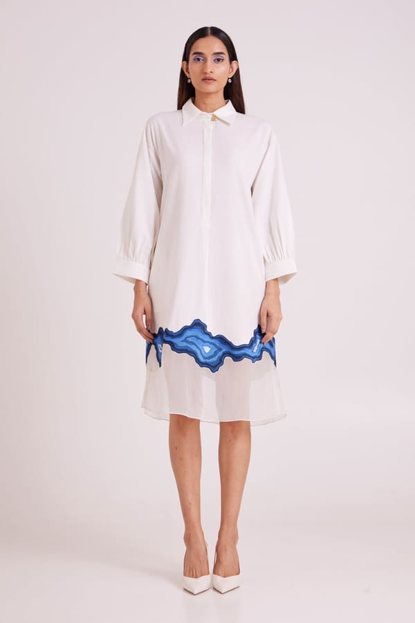Ivory Midi Shirt Dress with Blue Hem Border — Madder Much