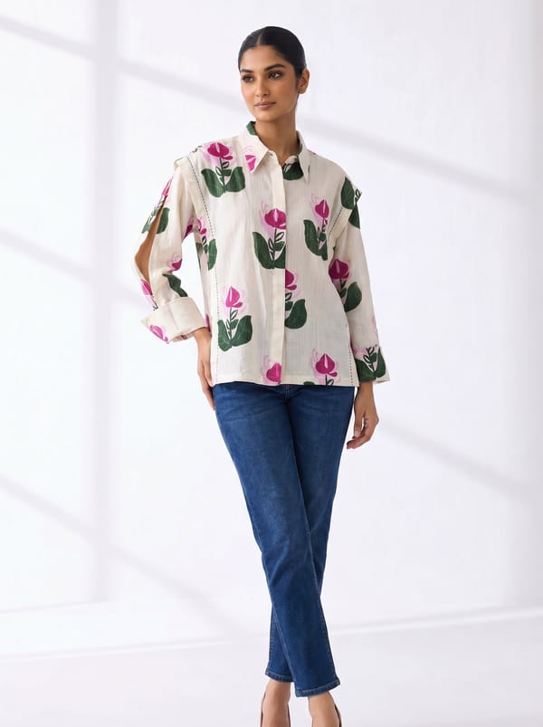 White Handloom Cotton Floral Printed Shirt — JODI