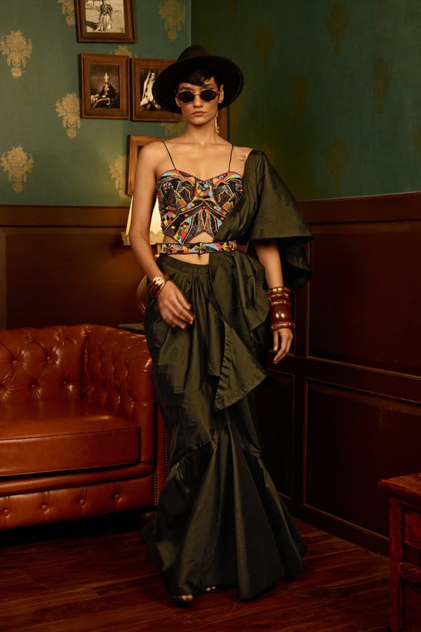 Black Taffeta Silk Mermaid Maxi Skirt with Ruffle Hem — Reeti Arneja