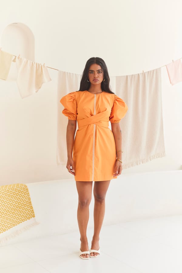 Orange Poplin Mini Dress with Puff Sleeves and Waist Tie — Urban Suburban
