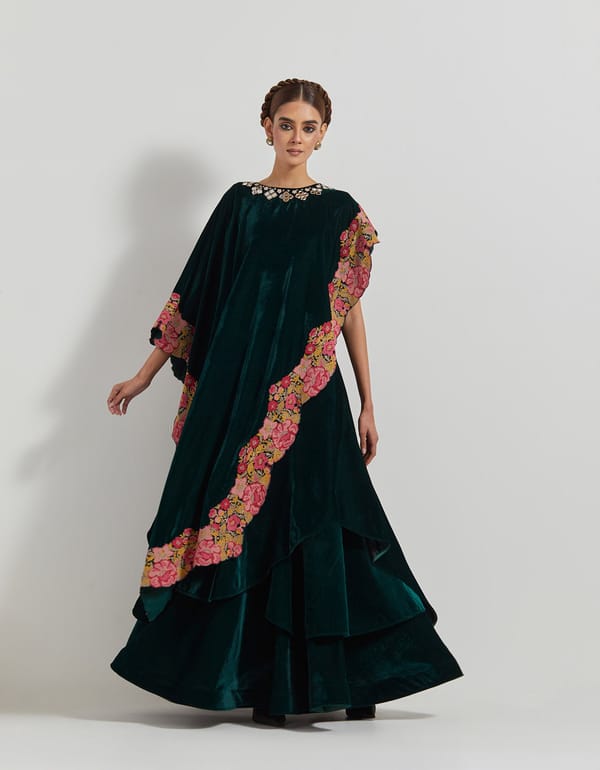 Bottle Green Velvet Cape and Tiered Maxi Skirt Co-ord Set — Kavita Bhartia