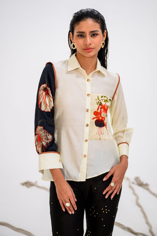 Off-White Silk Shirt with Contrast Sleeves and Floral Patch — The Dramebaaz Company