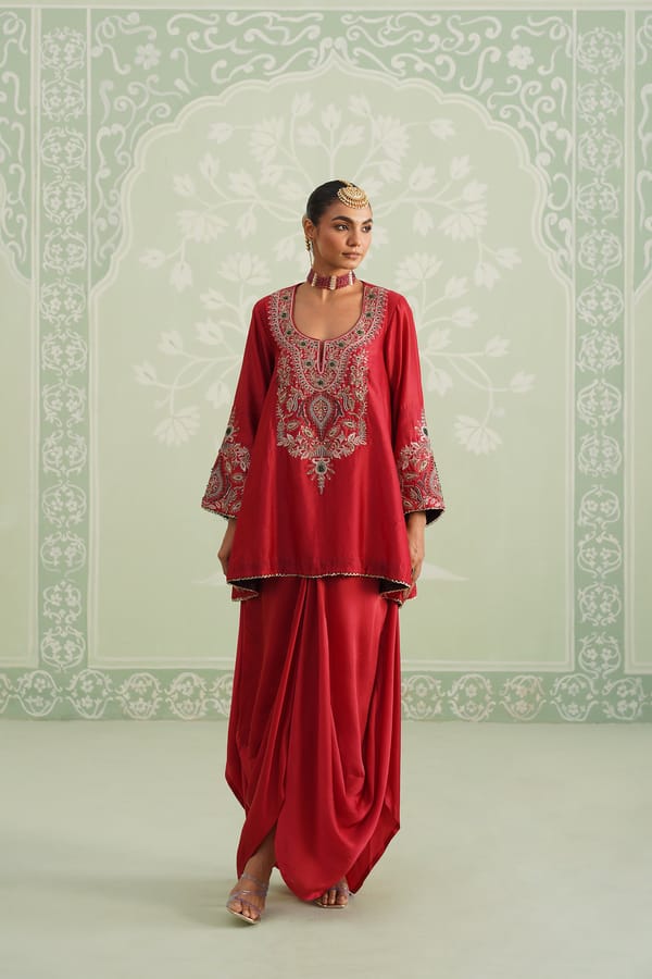Red Embroidered A-Line Kurta Set with Maxi Skirt — NEETIKA CHOPRA
