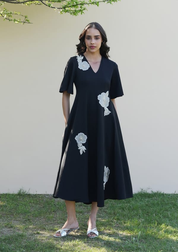 Black Fit and Flare Midi Dress with Embroidered Patches — AMOSHI