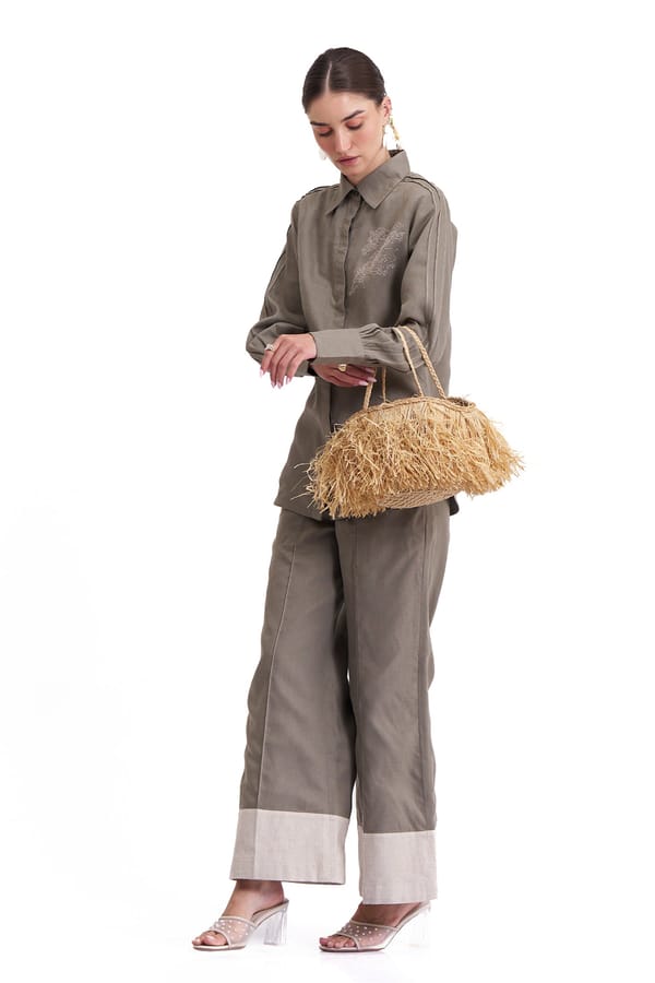 Olive Grey Cotton-Linen Shirt and Pants Co-ord Set — Our Love