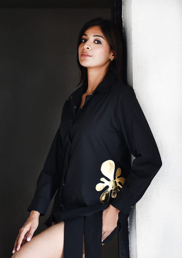 Black Comfort Fit Cotton Shirt with Applique Detailing — Richa Goenka
