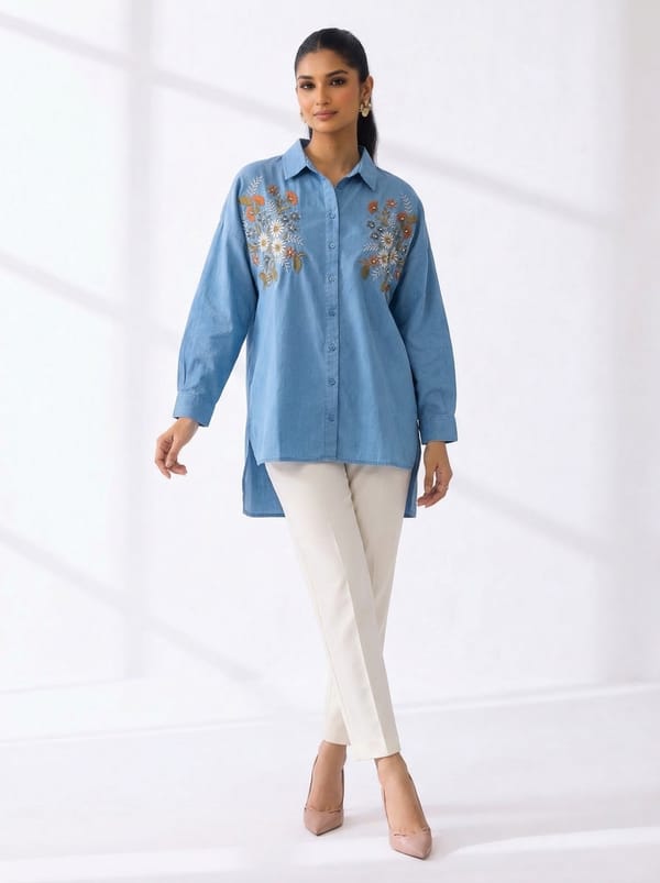 Blue Cotton Embroidered Button-Down Shirt — BURRASCA