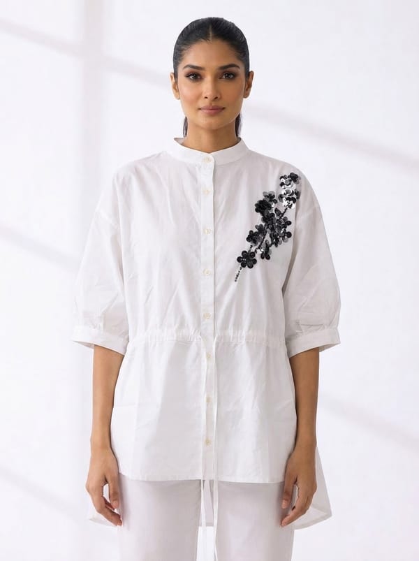 Ivory Cotton Tunic Shirt with Shoulder Applique — KIHIKI
