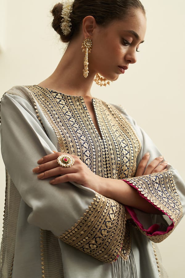 Grey Chanderi Silk A-Line Kurta Set with Gold Yoke — Chakkraa