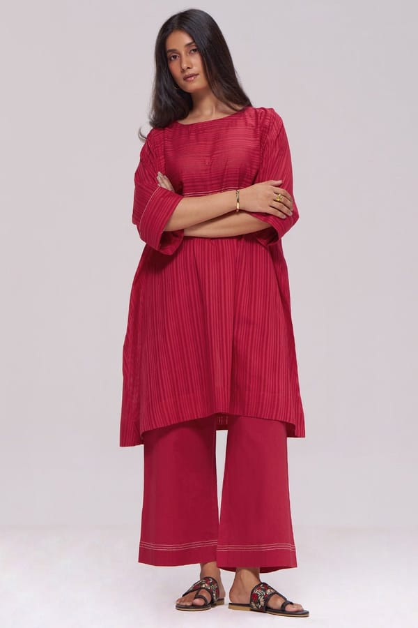 Barberry Red Cotton Dobby Striped Co-ord Set — Ganga Fashions Pvt Ltd