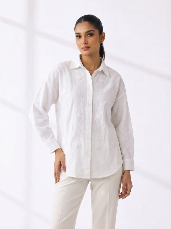 White Tonal Embroidered Cotton Shirt — AYRISS