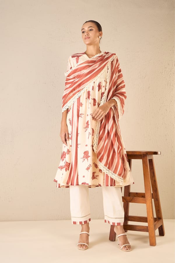 Meadow Stripes: Red Stripe Lace Dupatta — SHIVANI BHARGAVA