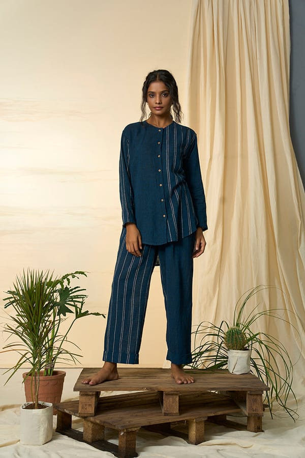 Navy Striped Kala Cotton Shirt and Trousers Co-ord Set — ALTER NATIVE