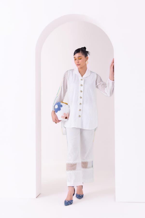 White Dobby Shirt and Pants Co-ord Set with Lace Detail — Our Love