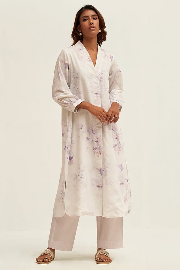Lily White Orchid Floral Kurta Pant Co-ord Set — Ganga Fashions Pvt Ltd
