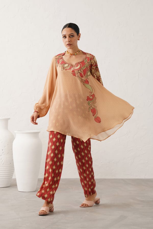 Fawn and Rust Printed Tunic and Pants Co-ord Set — NEETIKA CHOPRA