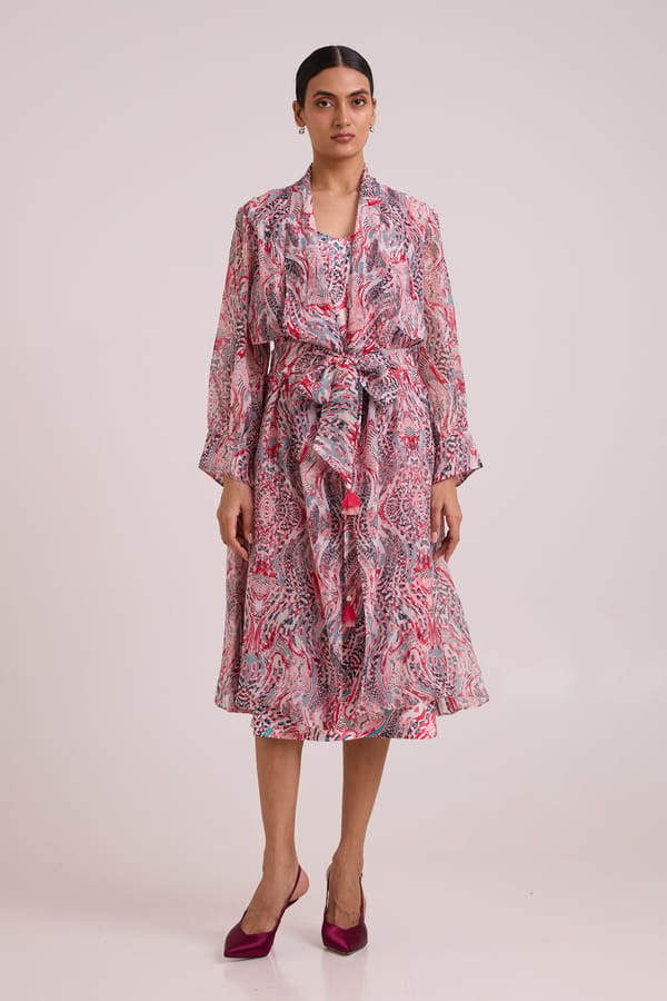 Multicolor Printed Organza Trench Jacket with Waist Tie — Madder Much